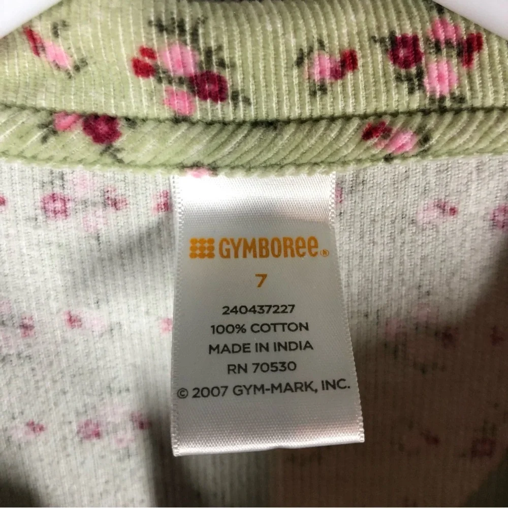 Vintage Style Floral Corduroy Dress Kids‎ 7 Green Pink Ruffles Prairie Cottage